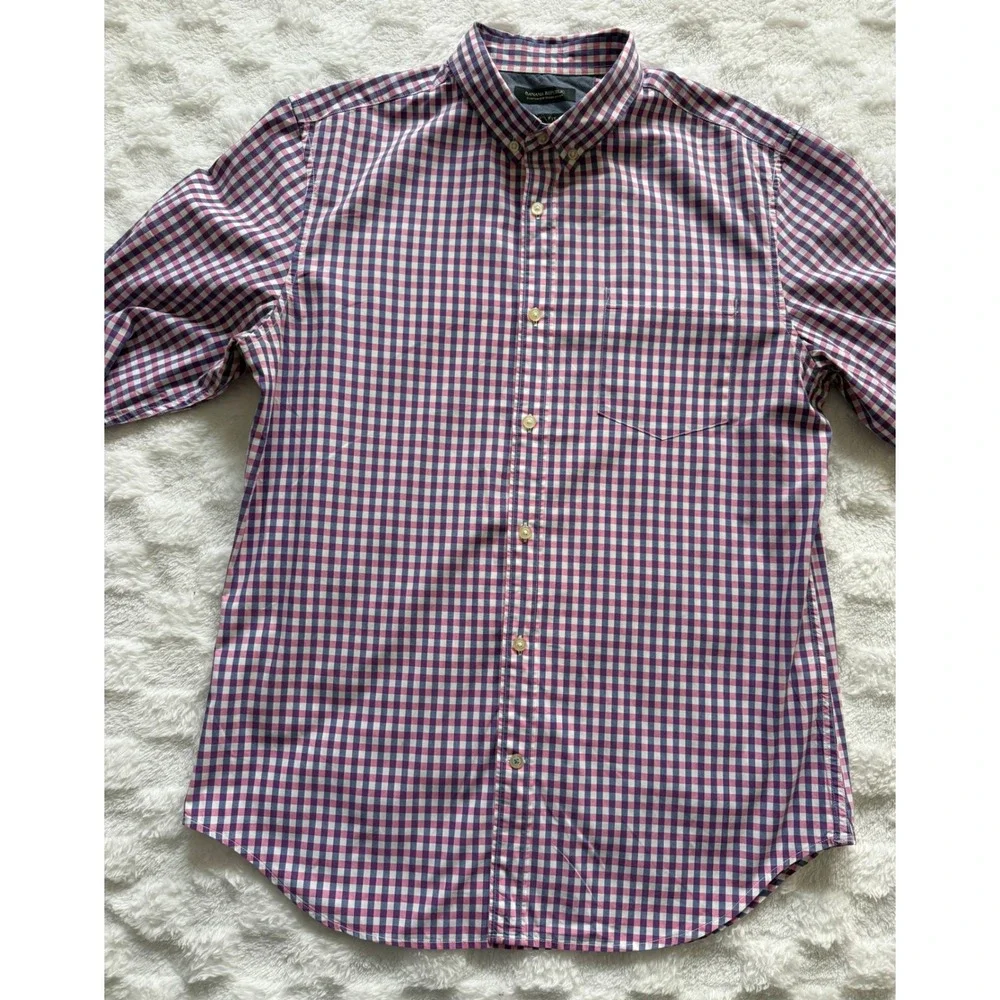Banana Republic Grant Fit Custom 078 Wash Shirt Men Pink/Navy Gingham Sz L - EUC
